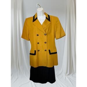 Vintage Oleg Cassini Mustard & Black Linen Double-Breasted Skirt Suit Set